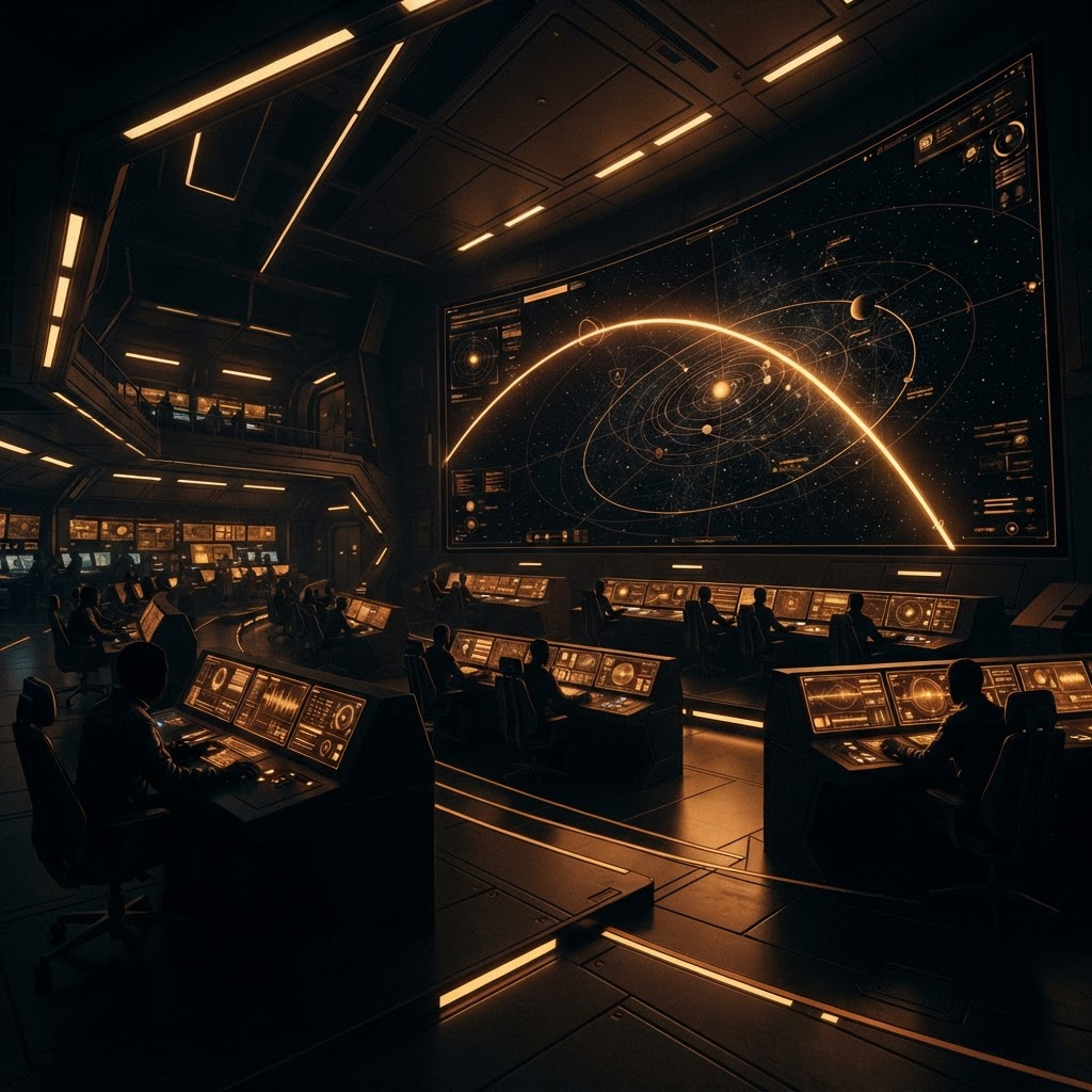 Engineers at glowing consoles in a dark mission control room watching an amber arc trajectory rise across a wall-sized star map