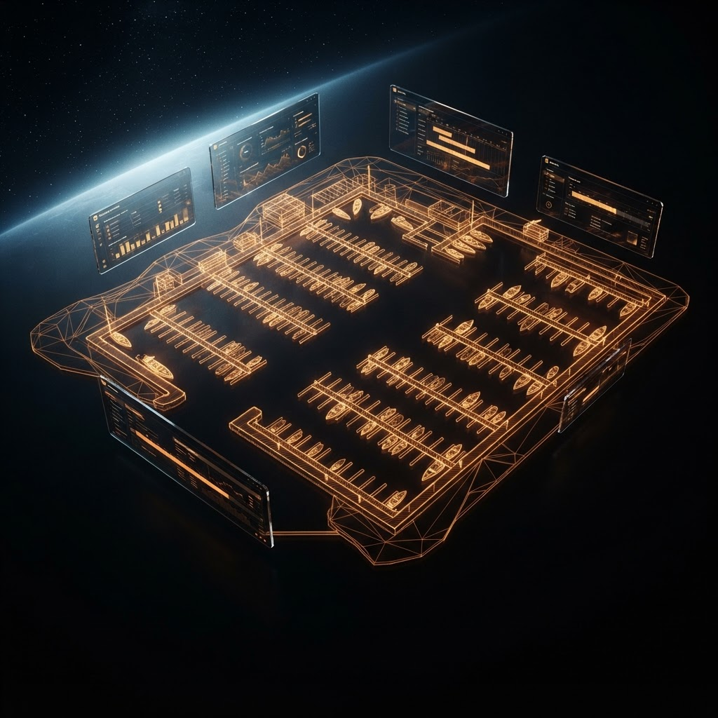Glowing amber holographic marina layout with rows of boat slips and floating booking calendar panels above it
