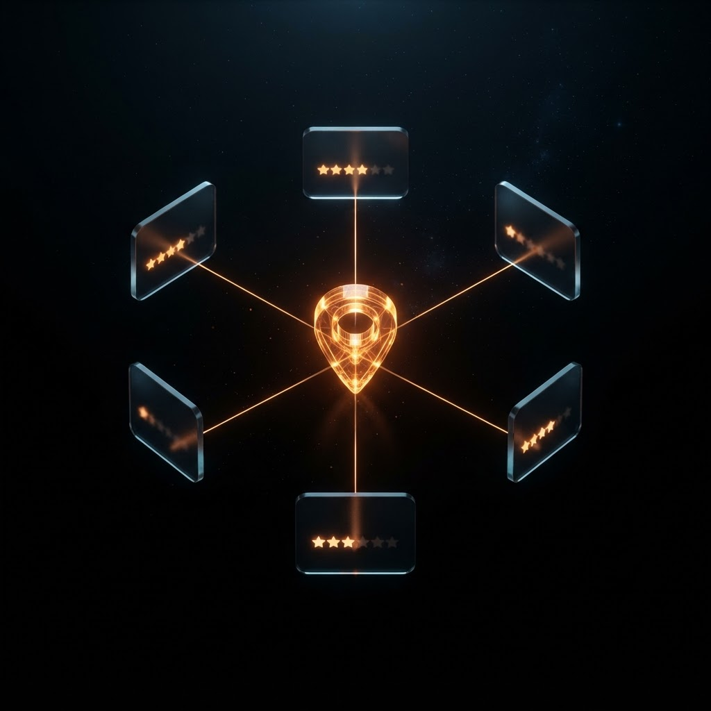 Central glowing amber map pin connected by light lines to a ring of floating dark cards showing star rating rows