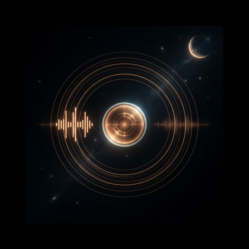 Softly glowing amber orb ringed by concentric sound waves with vertical waveform bars and a faint crescent moon