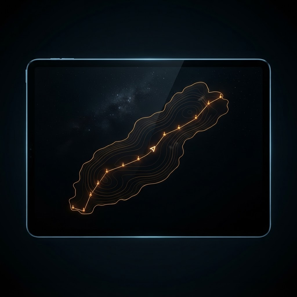 Glowing amber navigation route curving across a dark lake outline with buoy markers and depth contour rings