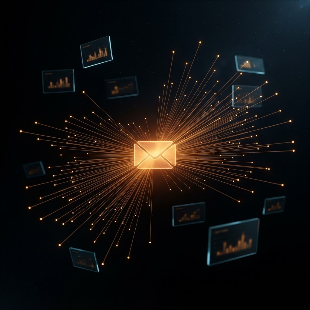 Glowing amber envelope bursting outward into a wide fan of light trails ending in many small glowing dots