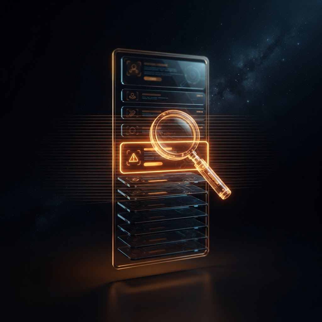 Glowing amber magnifying glass scanning a stack of dark review cards with one card outlined in bright amber