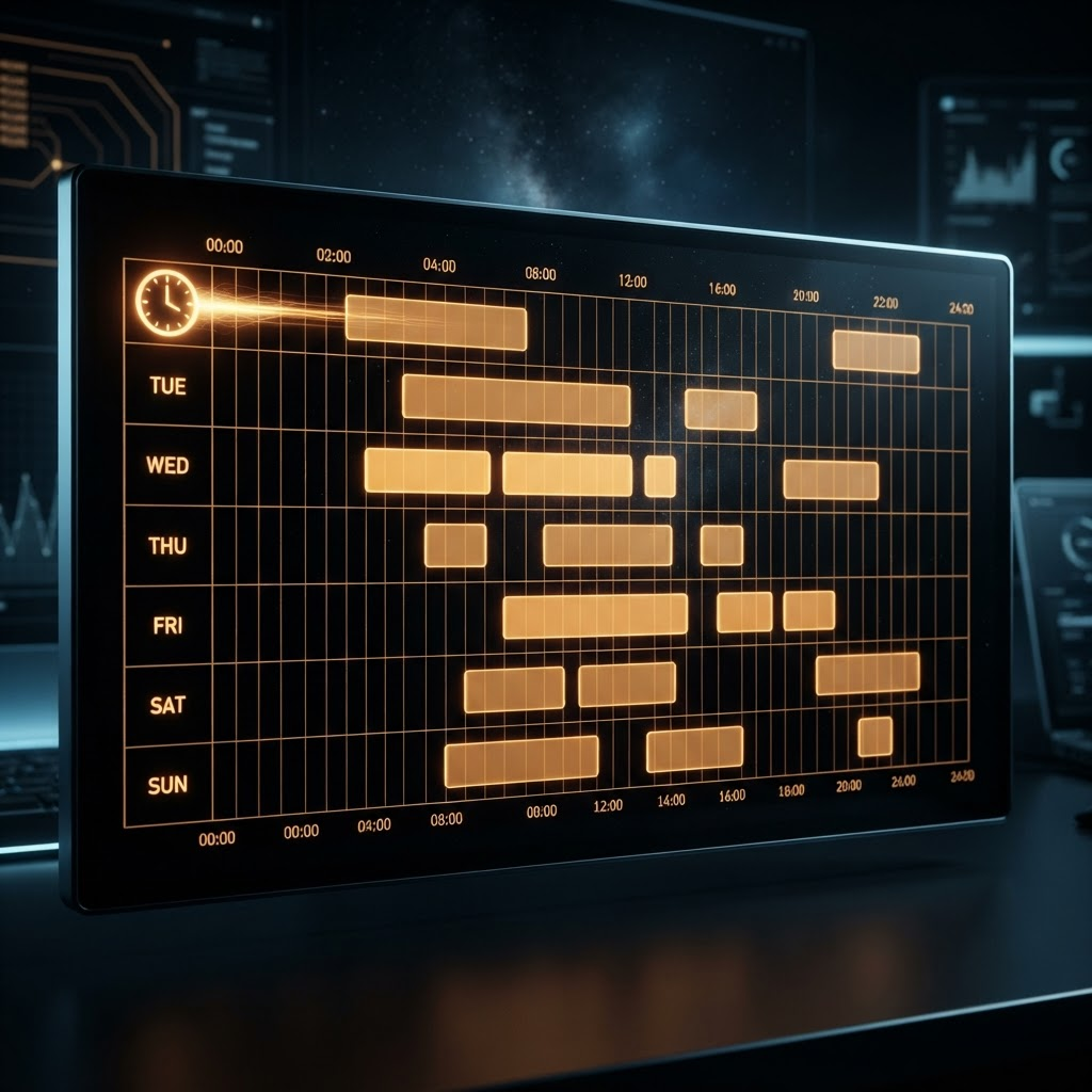 Glowing amber weekly schedule grid with horizontal shift blocks and a bright clock icon at one edge