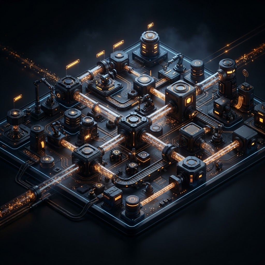Glowing amber data streams flowing through interconnected dark machined nodes, representing automated business processes