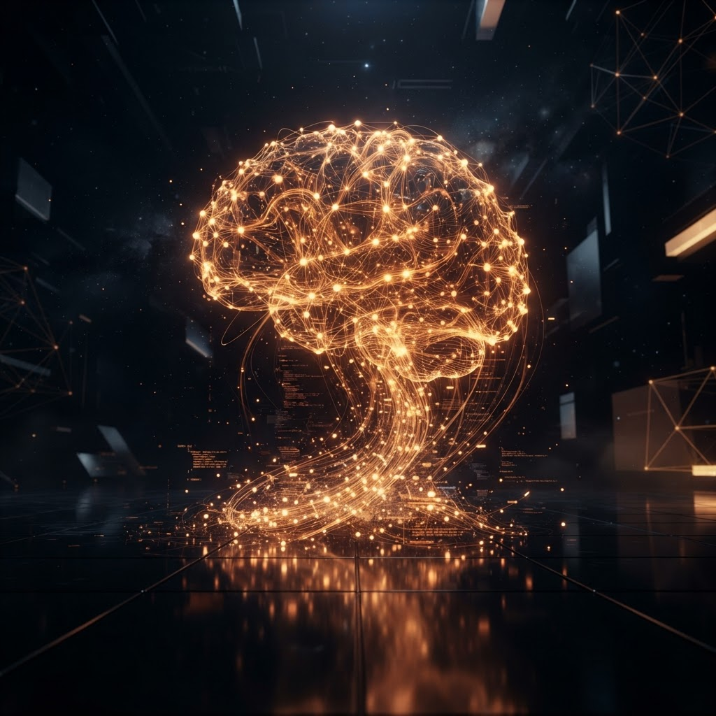 A glowing amber neural network sphere of connected light nodes absorbing rising data particles, representing AI business intelligence