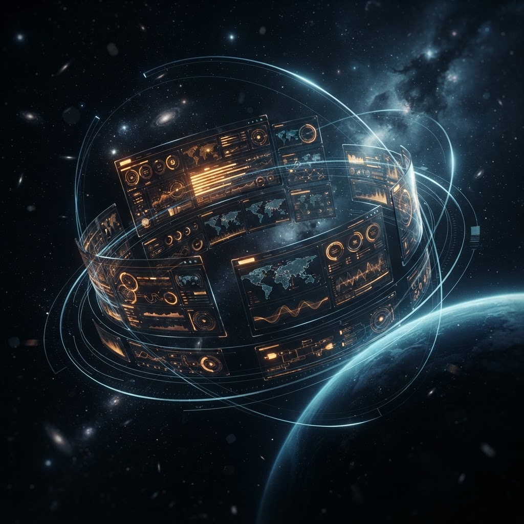 Floating dark glass dashboard panels with glowing amber charts orbiting in deep space, representing a unified custom business platform